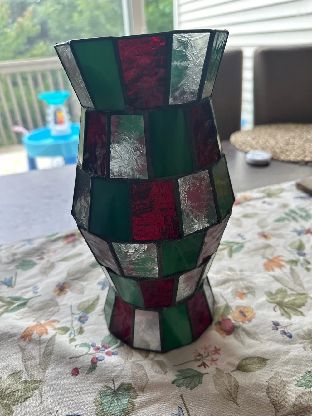 Green & Red Stained Glass Mosaic hurricane Glass- Home Accents